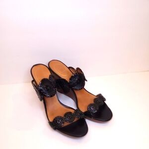 Jack Rogers Wedge Heel Sandals SZ 7.5 Black Flower Design Straps